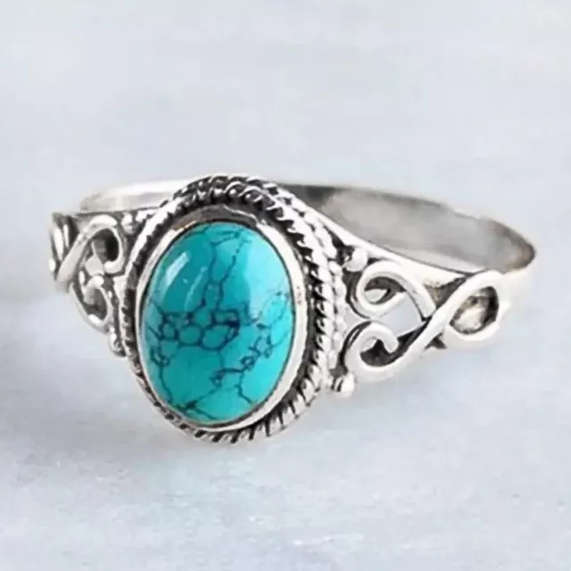 New 925 Sterling Silver Marquise Turquoise Gemstone Women Boho Ring Boxed