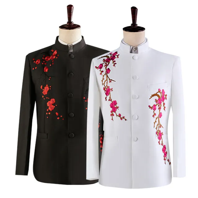 Chinese Style Tunic Suit Men's Embroidery Stand Collar Stage Floral Coat+pants