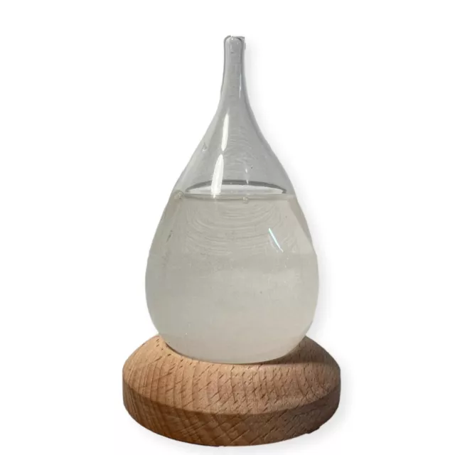 Storm Glass Tear drop shaped Weather Predictor Glass Barometer on a Wooden Base