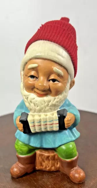 Vintage Gnome Elf Accordion Musician Dwarf in Red Knit Hat Korea Figurine