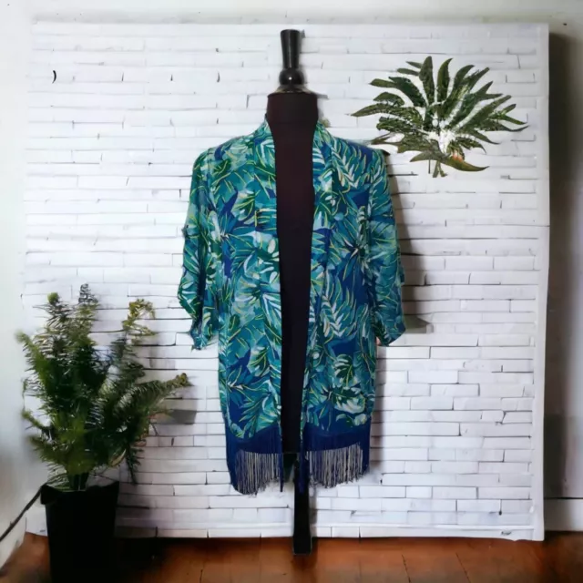 Top kimono aperto blu verde palma stampa galleggiante chiffon con frange nuove con etichette taglia 12/14