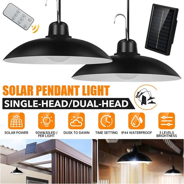 Black Yard Shed Lighting Lamp LED 2 Heads Solar Powered Pendant Hanging Light