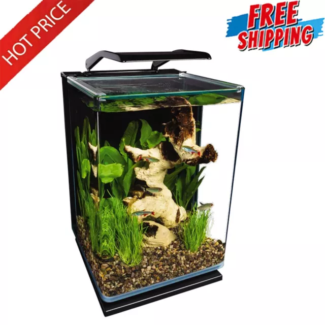 Fish Tanks Portrait Glass LED Aquarium Kit W/ Hidden Filtration 5 Gallons Office