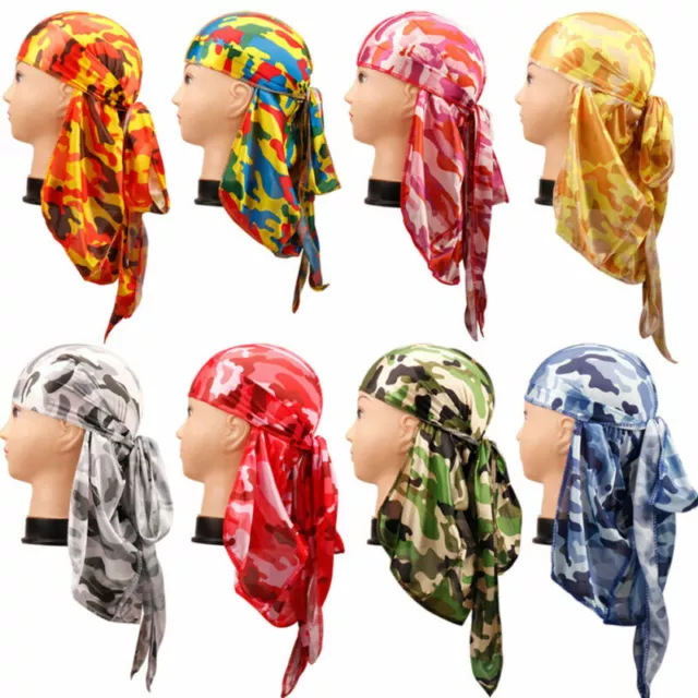 Unisex Langer Schwanz Tarnfarbe Seidig Durags Turban Kappe Kopf Hülle Stirnband