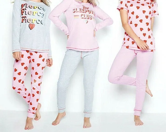 New Girls Pack of 3 Fierce Heart Pyjama Set Pink/Grey Marl Size 10-11 Years