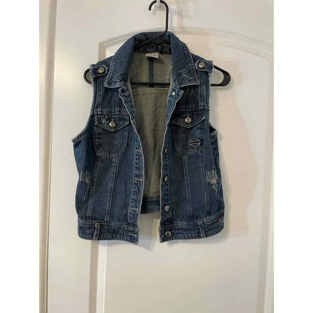 Harley Davidson Blue Distressed Star Flag Jean Vest, Size Small