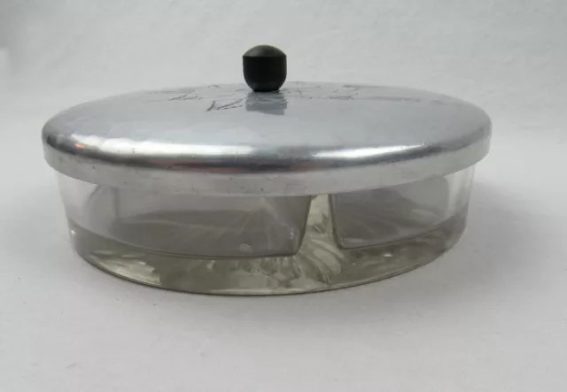 Vintage Farberware 3-Part Glass Relish Dish w/ aluminum Rose Etched in Lid