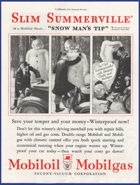 Vintage 1933 MOBILOIL Motor Oil Garage Gas Station Snowman 1930's Print Ad
