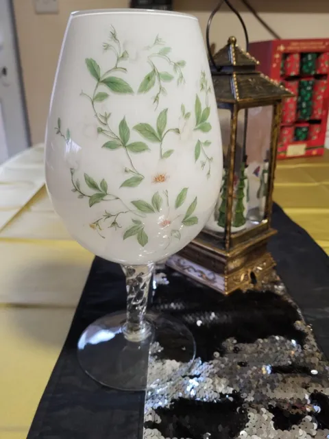 Stunning Vintage 60S Frosted White Glass Floral Brandy Goblet Vase Twisted Stem