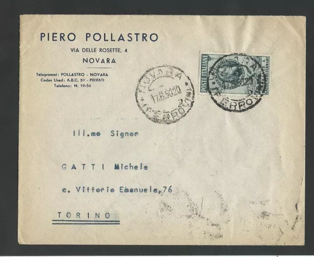 1950 - STORIA POSTALE - REPUBBLICA ITALIANA - GAUDENZIO FERRARI  £. 20 isolato