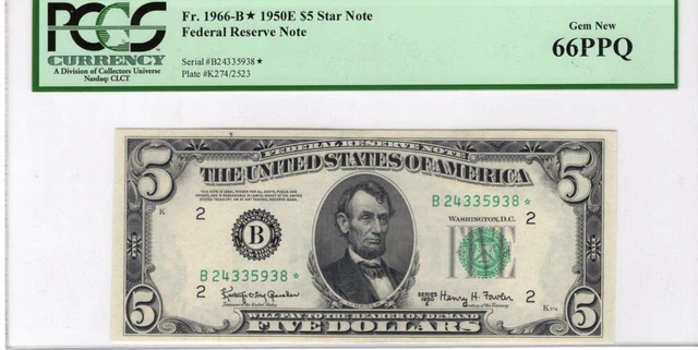 1950E $5.00 Star Fed Res Note  Fr. 1966-B* Gem New 66 PPQ PCGS