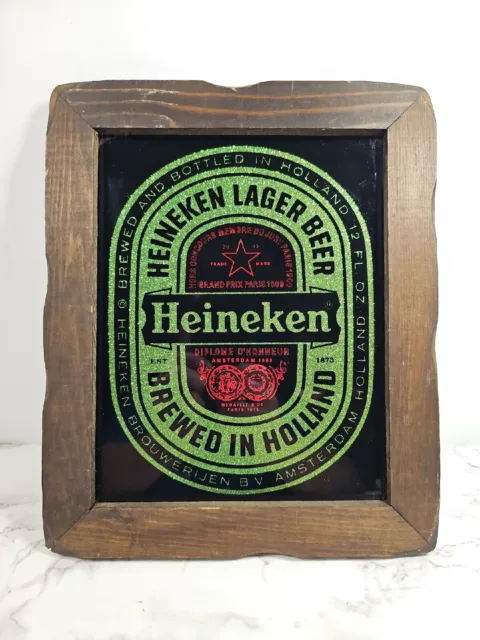 Heineken Beer Advertising Wood Framed Glass Mirror Style Sign Holland 12x10