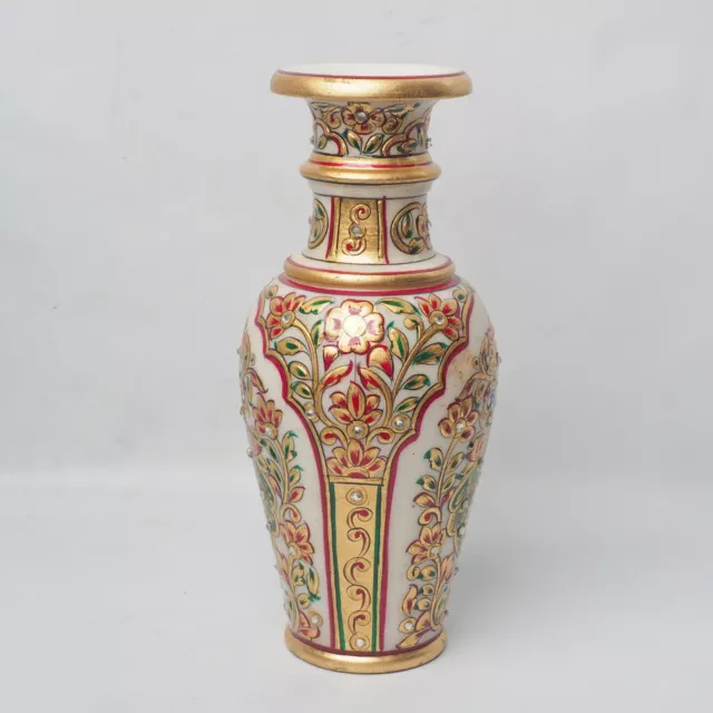 Hand Carved Indian Meenakari Art Handicraft White Marble Hand Painted Stone Vase