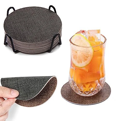 Chitomars Dessous de Verre en Cuir Lot de 12, Double Face Lavable sous-Verre Ron