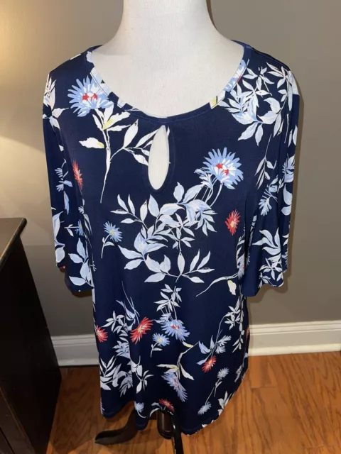Charter Club Women's Top Size Large Blue White 3/4 Sleeve Floral Blouse