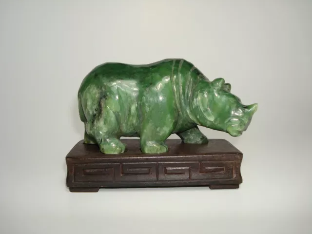 18th/19th Century Spinach-Green Natural Untreated Jade Figure of a Rhinoceros
