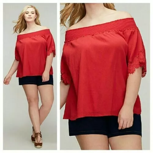 LANE BRYANT RED CROCHET LACE TRIM OFF SHOULDER GAUZE TOP PLUS Sz 18/20 A3-B7 Jhv