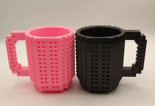 Think Geek Build-On Brick Mug Pair Pink & Black Compatible W/ Lego Blocks 12 Oz