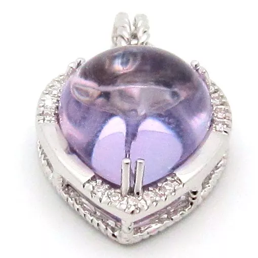 14K White Gold Heart Amethyst Pendant Cubic Zirconia 15x15mm Cabochon Cut 3.6g