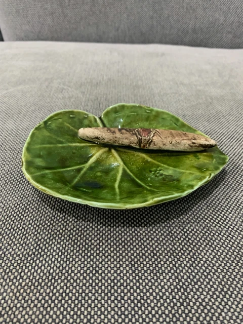 Antique European Majolica Pottery Leaf Form Ashtray w/ Cigar Decoration