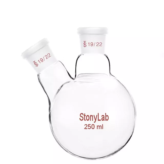 StonyLab Glass 250ml Heavy Wall 2 Neck Round Bottom Flask RBF, with 19 22 Centre