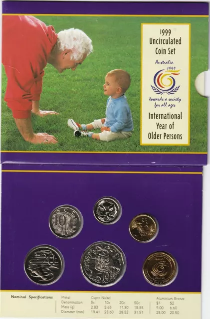 1999 Australia Brilliant Uncirculated 6 Coin Set Year of Older Persons, GORGEOUS
