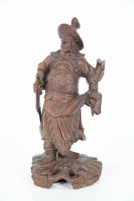 Vintage Hand Carved Wooden Chinese Warrior with a Sword and Glass Eyes