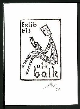 Exlibris Ute Balk, Figur mit Maske liest ein Buch