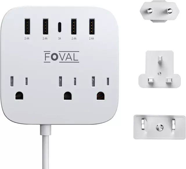 European Travel Plug Adapter, FOVAL EU UK US Power Strip with USB C and 4 USB 3