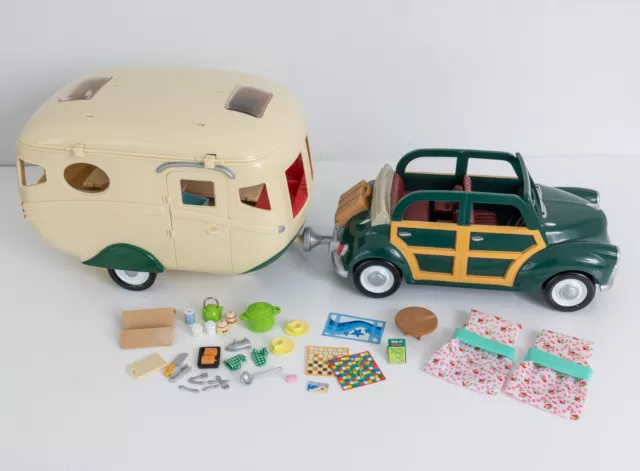 Sylvanian Retro Caravan & Morris Minor Car bundle - VGC almost complete, tow bar