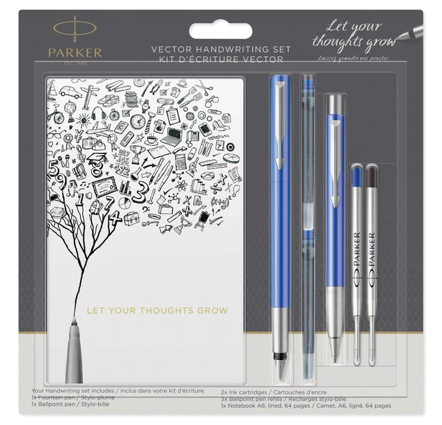 PARKER VECTOR BLUE Fountain Pen & Ballpoint Pen & A6 Notebook Set New