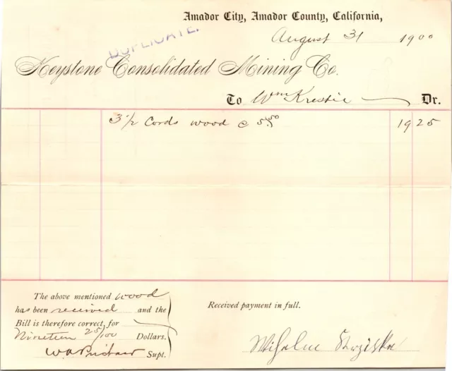 Keystone Consolidated Mining Co Amador City CA 1900 Billhead