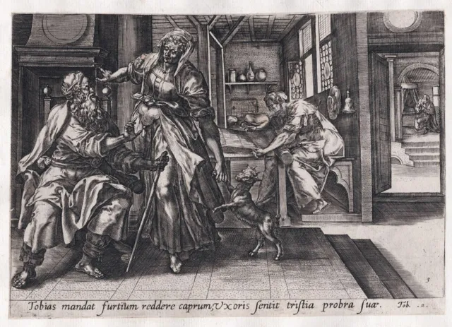 M. de Vos Tobit Anna Ziege goat Kupferstich Bibel Bible engraving Jode 1580