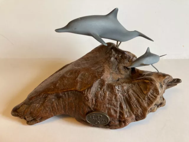 John Perry Dolphin With Calf  Sculpture on Burl Wood Base 7 1/2 inches Long