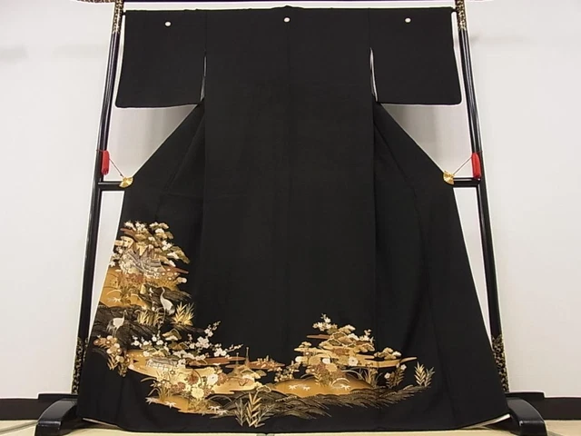 Montsuki Tomesode Kimono Japan Black Tomesode Piece Embroidery Landscape Flower