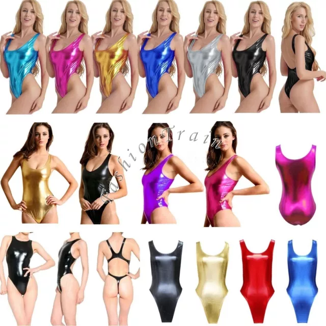 Sexy Women Leather One-Piece Thongs Leotard Bodysuit Swimsuit Swimwear Clubwear