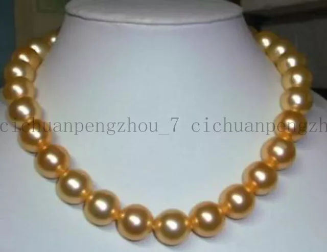 Fashion Jewelry Huge 12mm Natural Gold South Sea Real Shell Pearl Necklace 18"