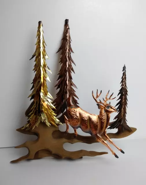 Vintage Rustic Copper Brass Wood Jumping Deer in Forest Wall Hanging