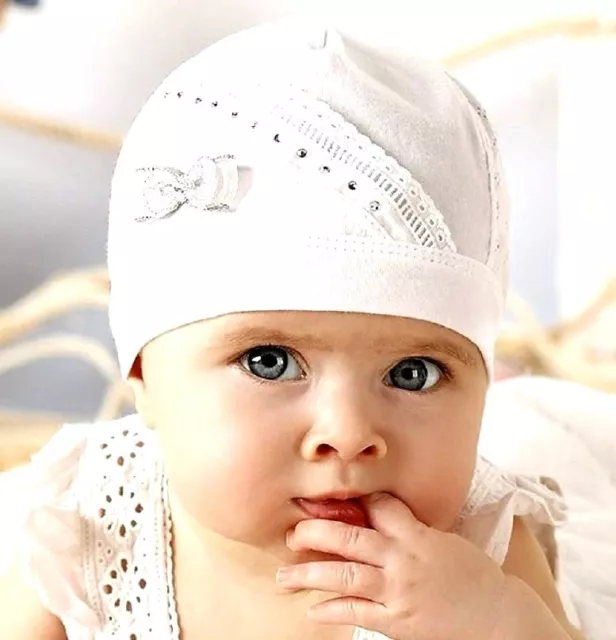 Baby Mädchen Mütze Sommer Taufe Kindermütze Beanie Baumwollmütze Marika Neu Weiß