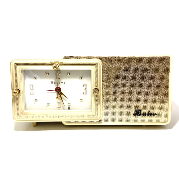VINTAGE BULOVA 100 Alarm Clock Am Radio Bakelite Ivory & Gold Circa