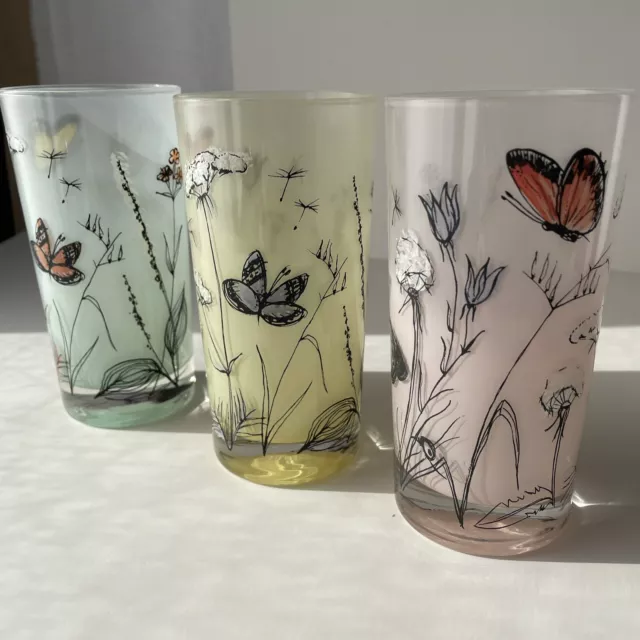 5 Hand painted MCM Highball Glasses by Gay Fad. Butterfly, Ombré Pastel Frosted