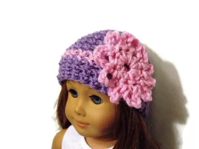 Crochet Hat Fits American Girl Dolls 18" Doll Clothes Purple w/ Pink Flower