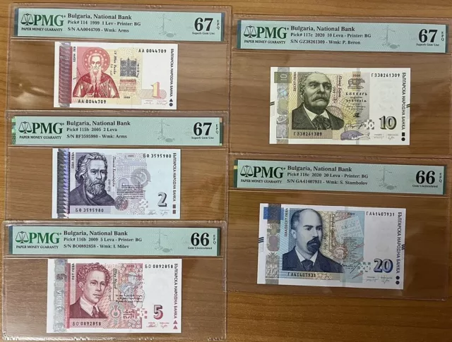 Bulgaria Set 5;  1 2 5-20 Leva 1999-2020 P 114- 118 Superb Gem UNC PMG 66 67 EPQ