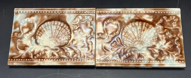 2 Antique Glazed Ceramic Fireplace Tile w/Scallop Shell Seashell Ribbon Decor
