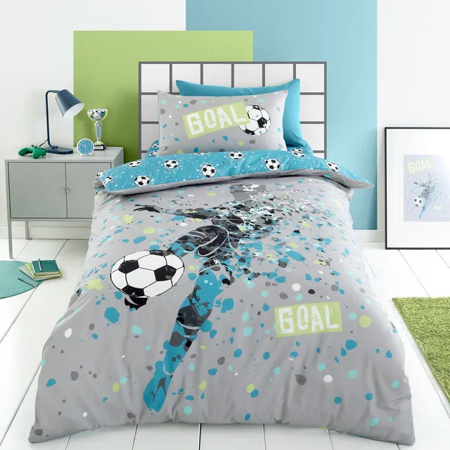 Grey Teal Goal Kick Off Football Player Soccer Ball Duvet Cover Quilt Cover Set