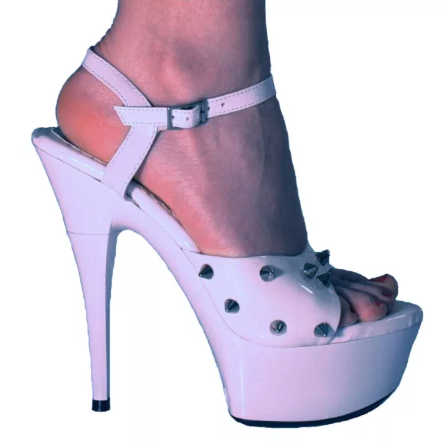 Sandals White Patent 2" Platform 6" Stiletto Heels Amy Stud Fetish Sizes UK 6