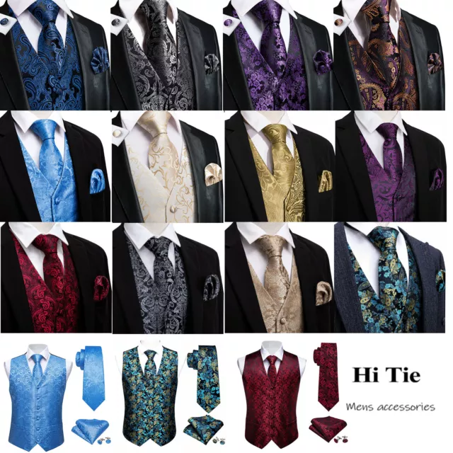 Red Paisley Mens Waistcoats Silk Black Suit Vest Tie Set Wedding Dress Tuxedo V