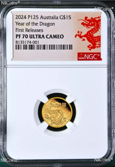 2024 Australia Bullion 1/10oz GOLD Lunar Year of the DRAGON NGC PF70 $15 Coin FR