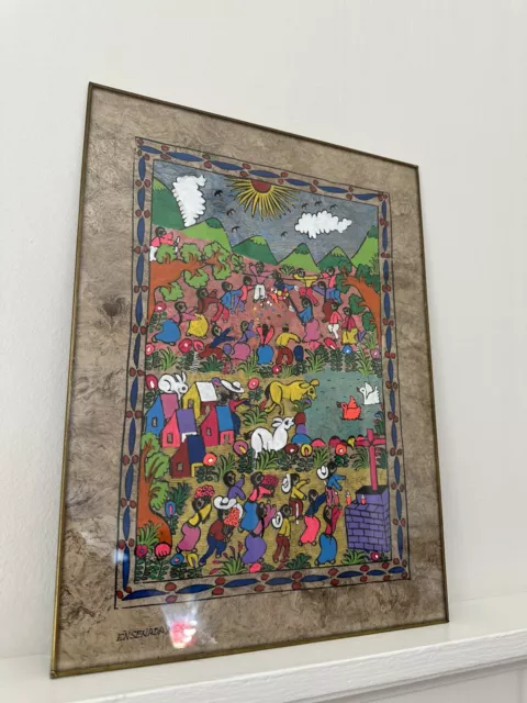 Mexican Tradition Folk Art Amate Bark Hanging  Framed Painting