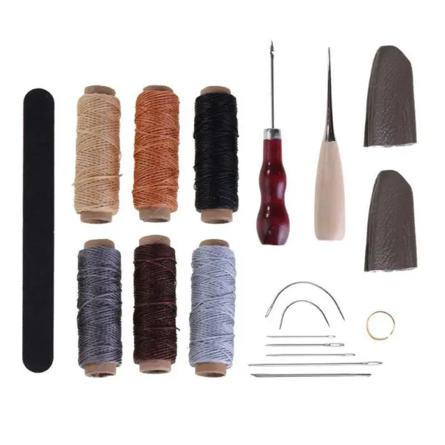 19 piezas/juego de kit de punzón artesanal de cuero mango de madera chal de costura orificio línea de depilación